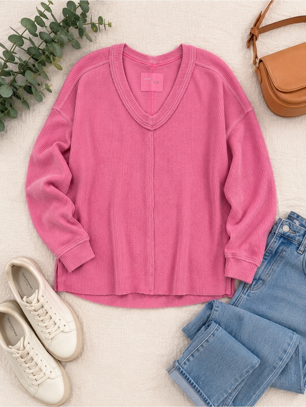 Aerie Pink Waffle Knit V-Neck Oversized Pullover Sweater L/G